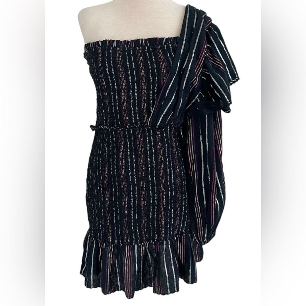 Farm Rio Lurex Stripe Mini Dress. One shoulder, black, women’s size Large.